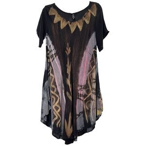 Sacred Threads Boho Hippie Swing Dress V-Neck Artsy Tunic Tie Dye Rayon One Size